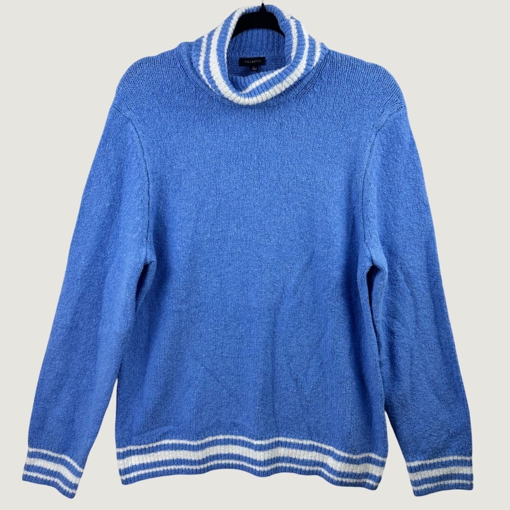 Talbots Turtleneck Sweater Womens Large Blue Striped Trim Knit Preppy Coastal